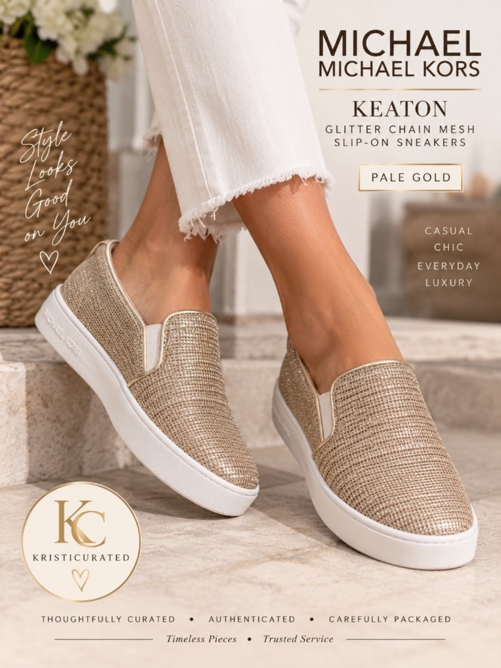 Michael Kors Keaton Glitter Chain Mesh Slip-On Sneakers Pale Gold Size 8